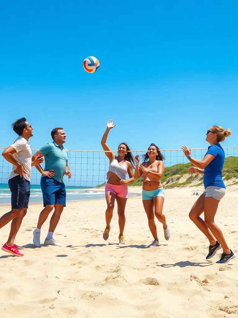 ENSSAT staff members playing a friendly game of volleyball on a sunny beach near Lannion.