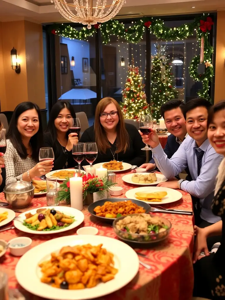 A photo of ENSSAT staff members enjoying a festive gathering, such as a holiday party or a celebratory dinner, showcasing the AMICALE's role in fostering a sense of community.