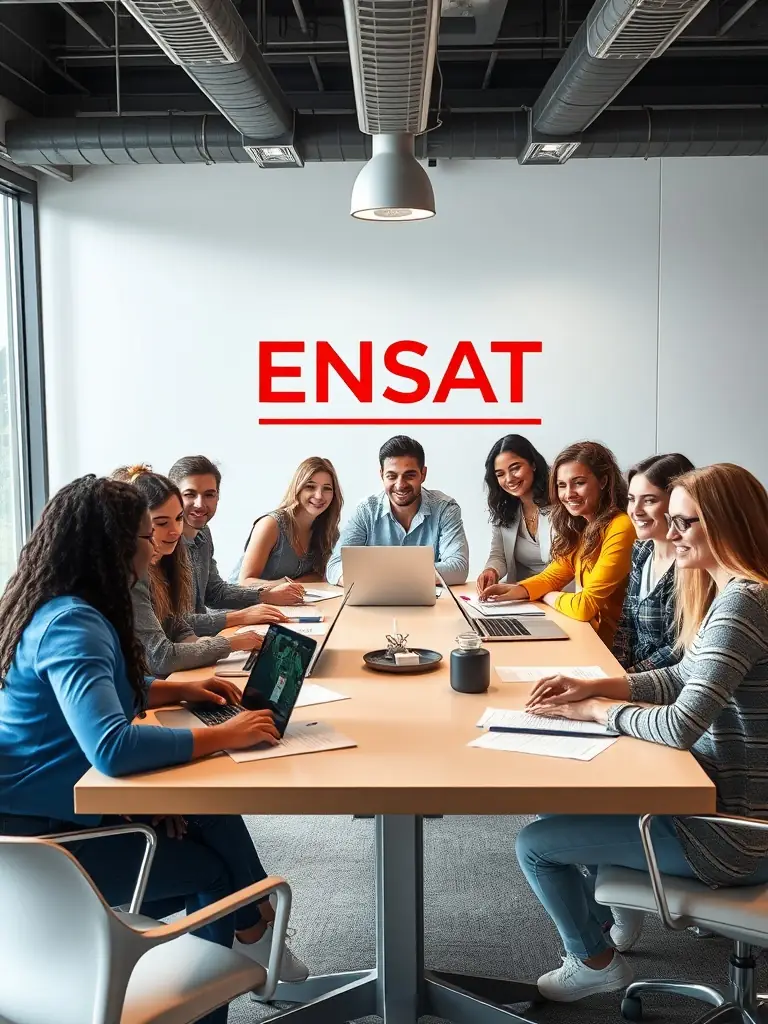 A diverse group of ENSSAT staff collaborating on a project or activity, demonstrating the association's commitment to social cohesion.