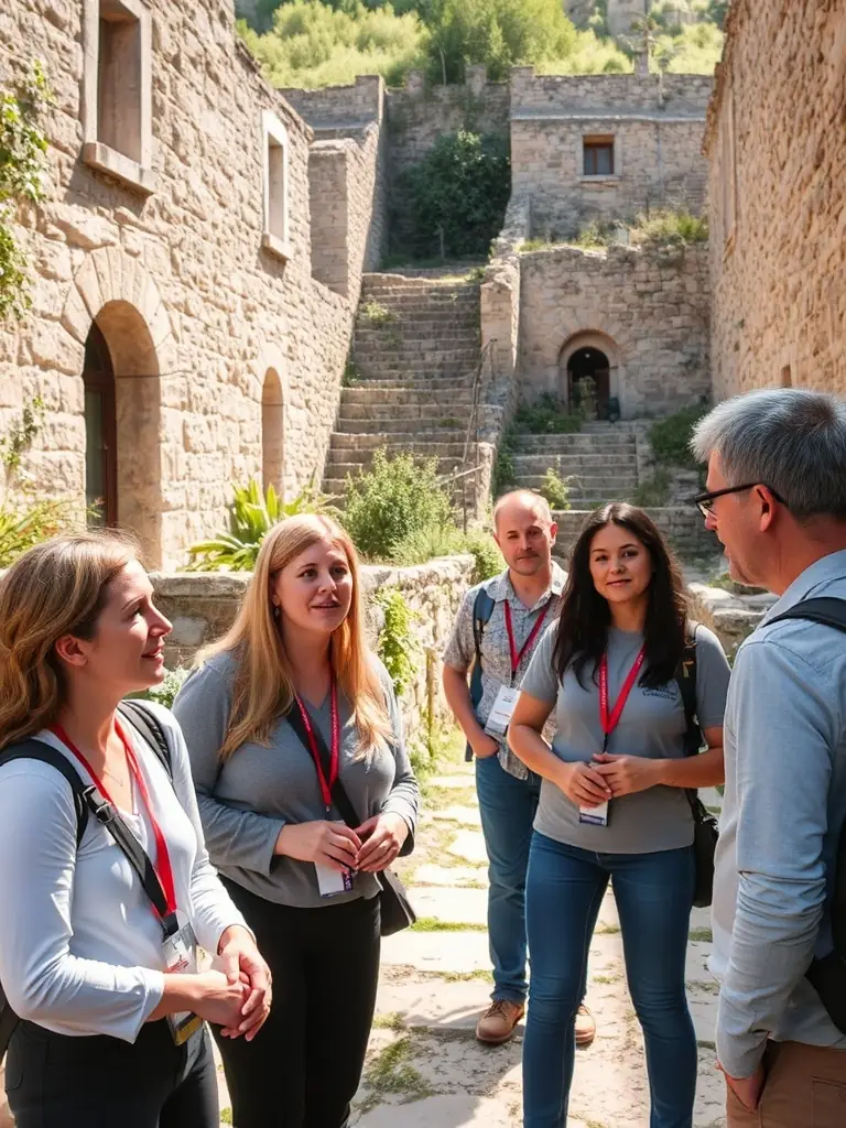 ENSSAT staff members enjoying a cultural excursion to a local historical site, with a guide explaining the significance of the location.