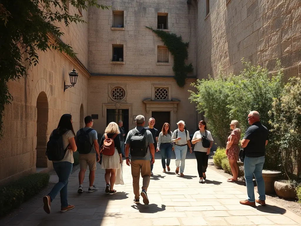 A group of AMICALE members participating in a guided tour of a local historical site, showcasing a cultural activity.