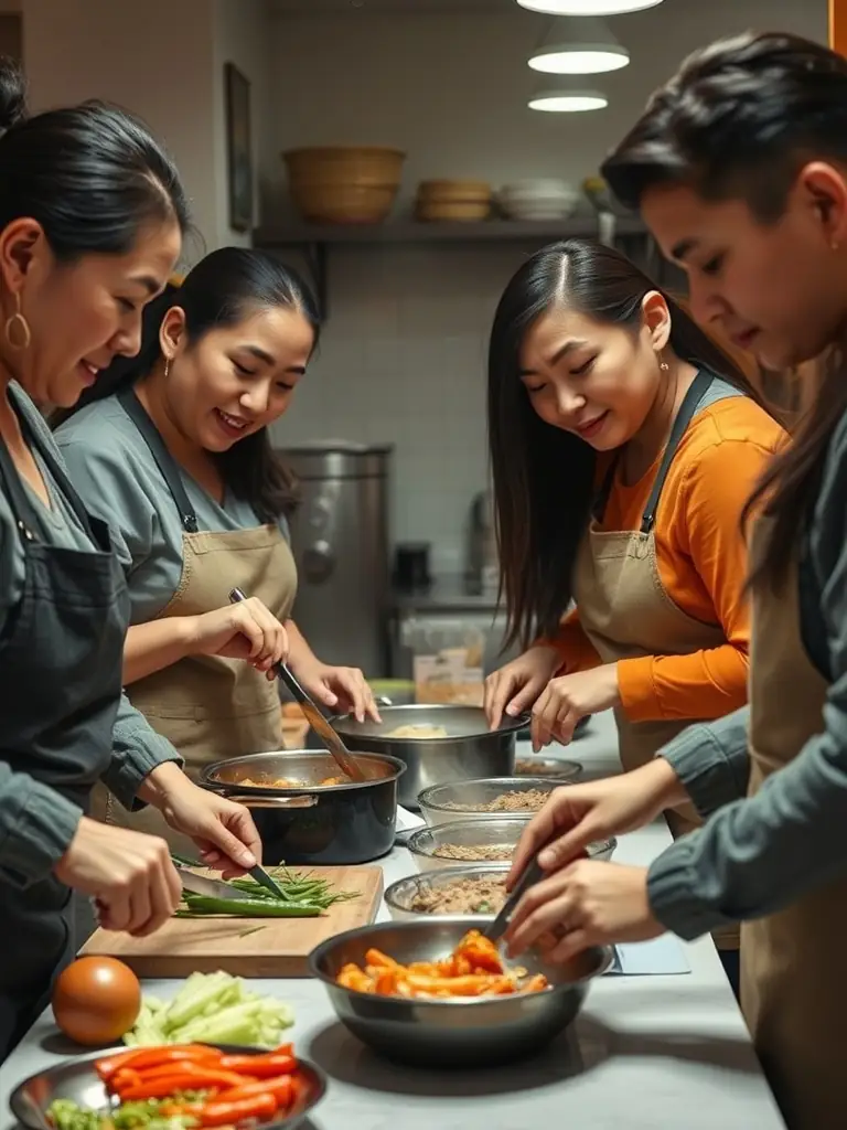 A photo of ENSSAT staff members attending a cooking class, learning to prepare a local dish together.