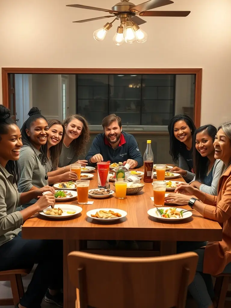 A group of ENSSAT staff members laughing and enjoying a meal together at a convivial gathering, showcasing the friendly atmosphere of the AMICALE.