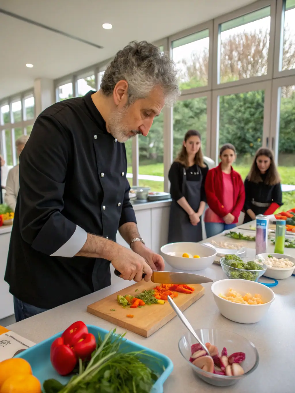 A group of ENSSAT staff members participating in a cooking class, focusing on Breton cuisine, in a modern kitchen setting.