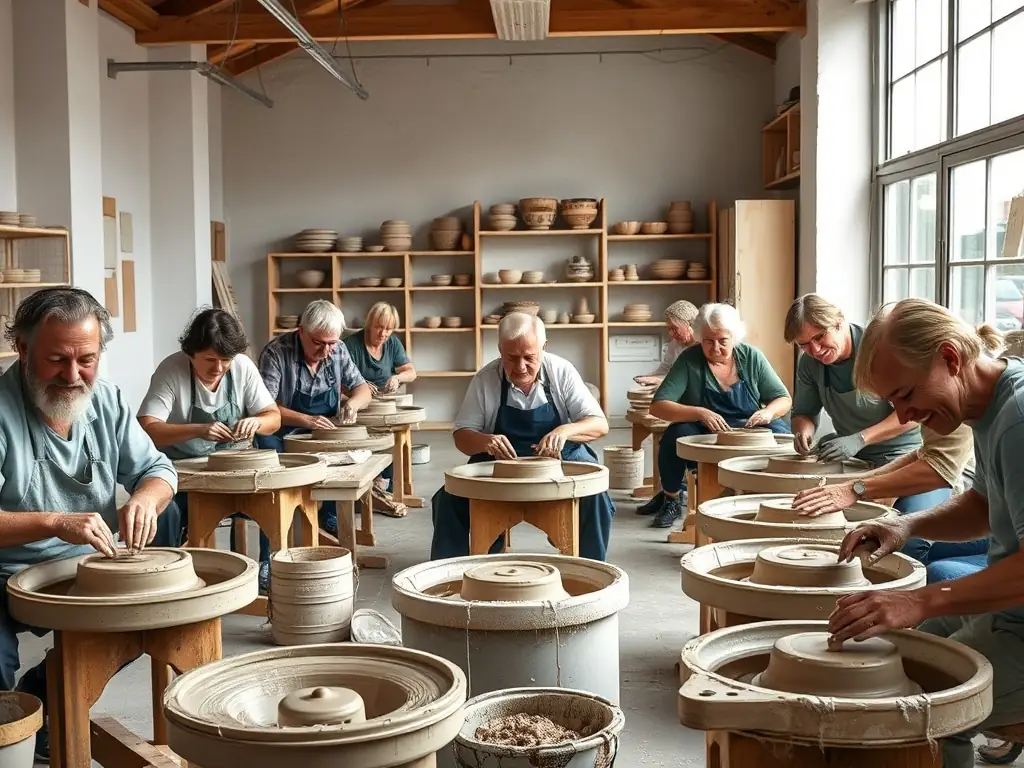 A group of AMICALE members attending a pottery workshop, demonstrating the leisure and creative activities program.