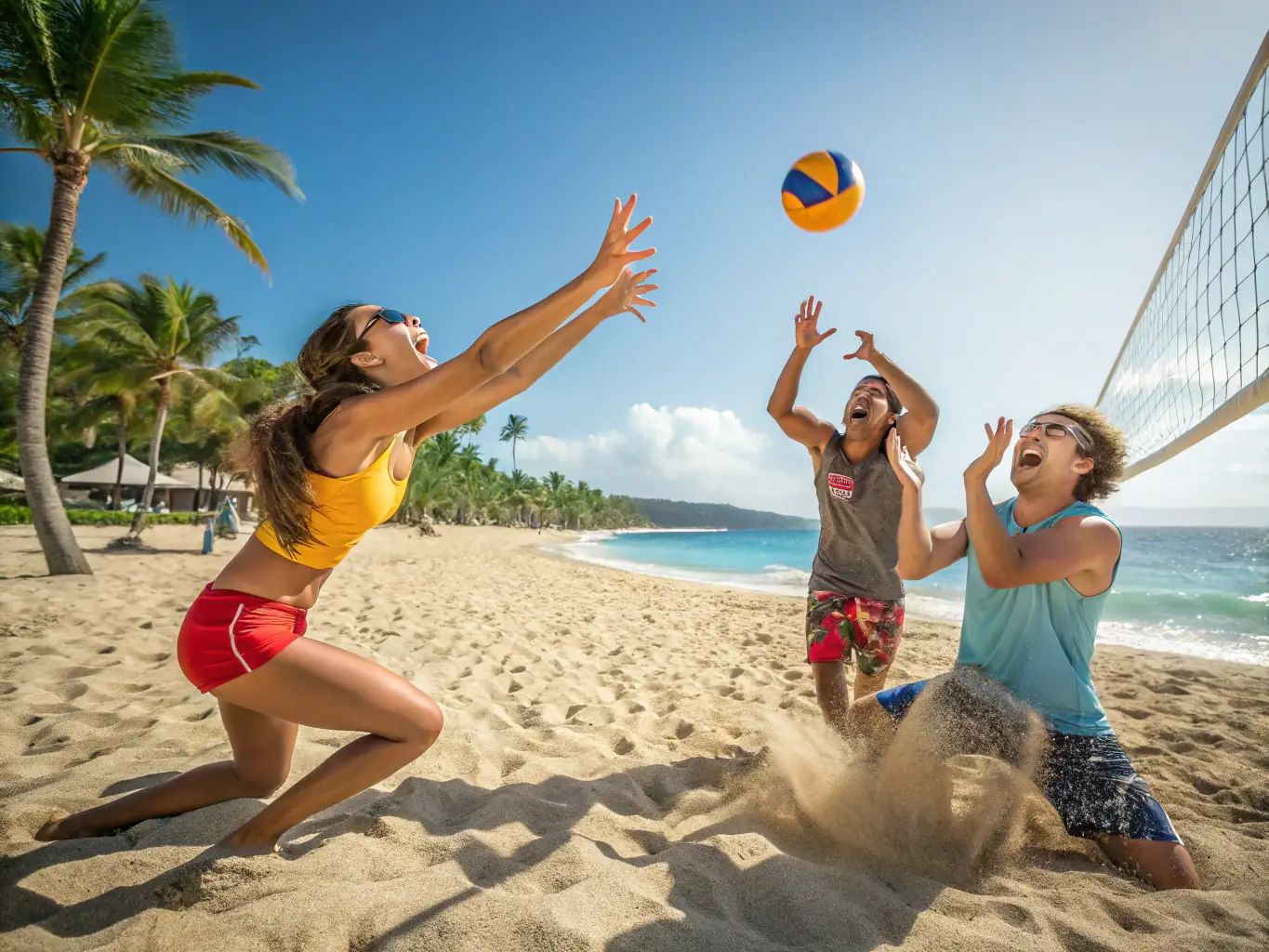 AMICALE members playing a friendly game of volleyball on a sunny beach, representing a sports activity.