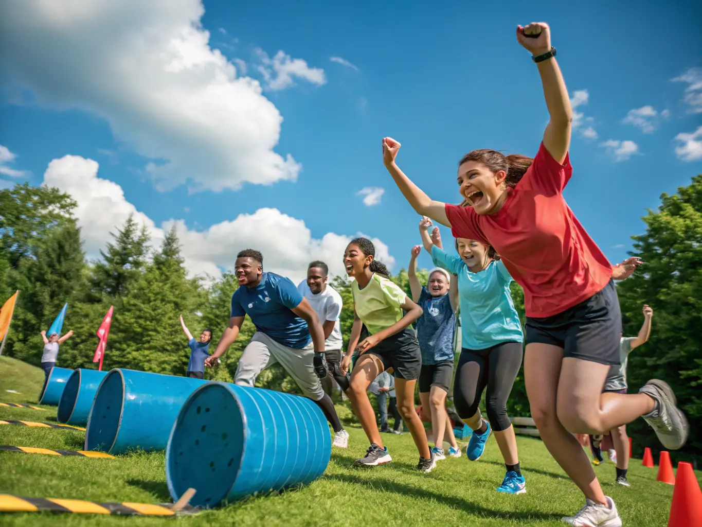 A group of AMICALE members participating in a team-building activity outdoors, showcasing collaboration and camaraderie.