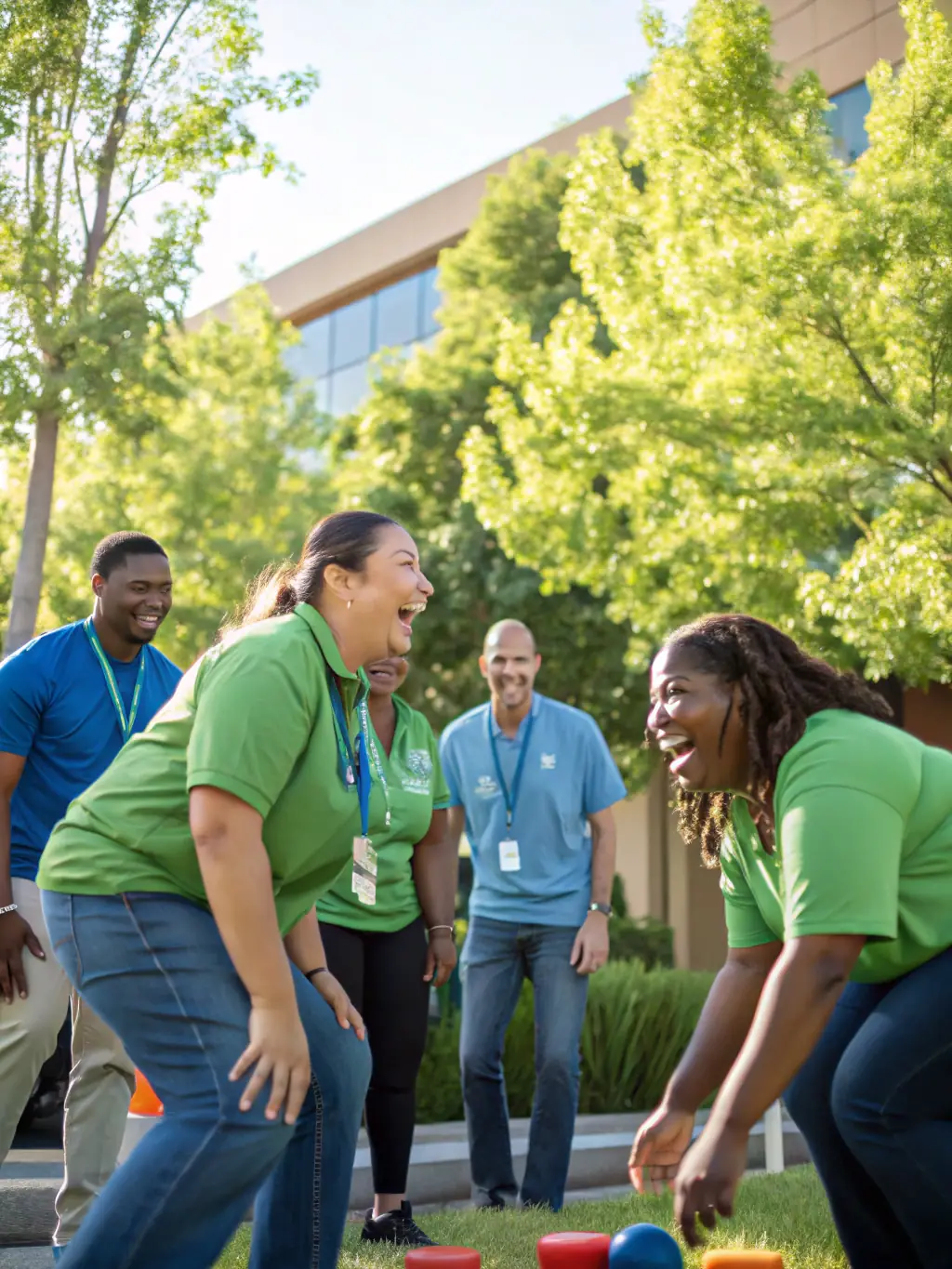 A group of ENSSAT staff members participating in a team-building exercise outdoors, smiling and engaged in a collaborative activity.