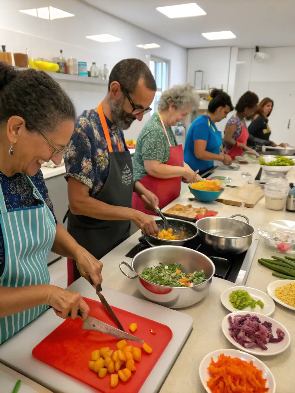 A group of ENSSAT staff members participating in a cooking class, highlighting the social and skill-building aspects of the AMICALE's activities.
